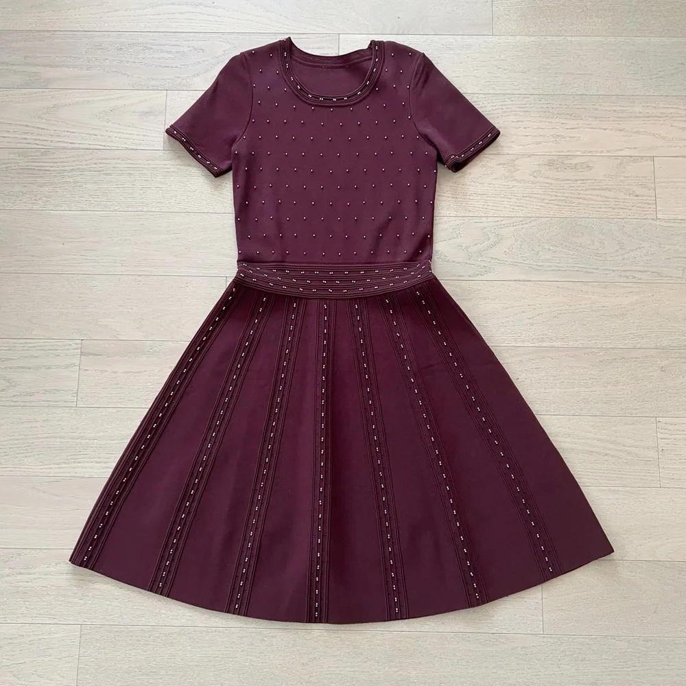 ✨sold✨ sandro • montaigne bordeaux bead embellished stud fit flare studded dress - Picture 7 of 12